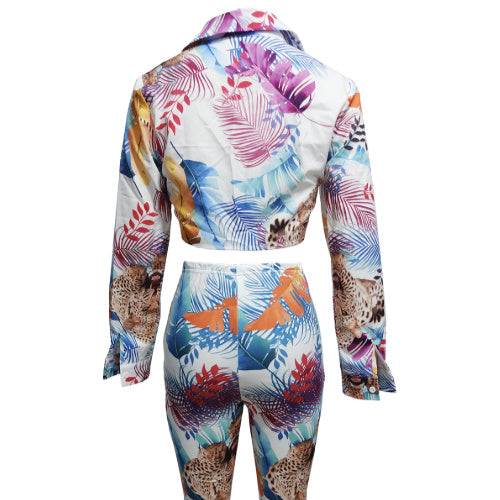 Women's Plant Animal Print Long Sleeved Lace Up Top And Slim Fit Pants Two-piece Pants Set