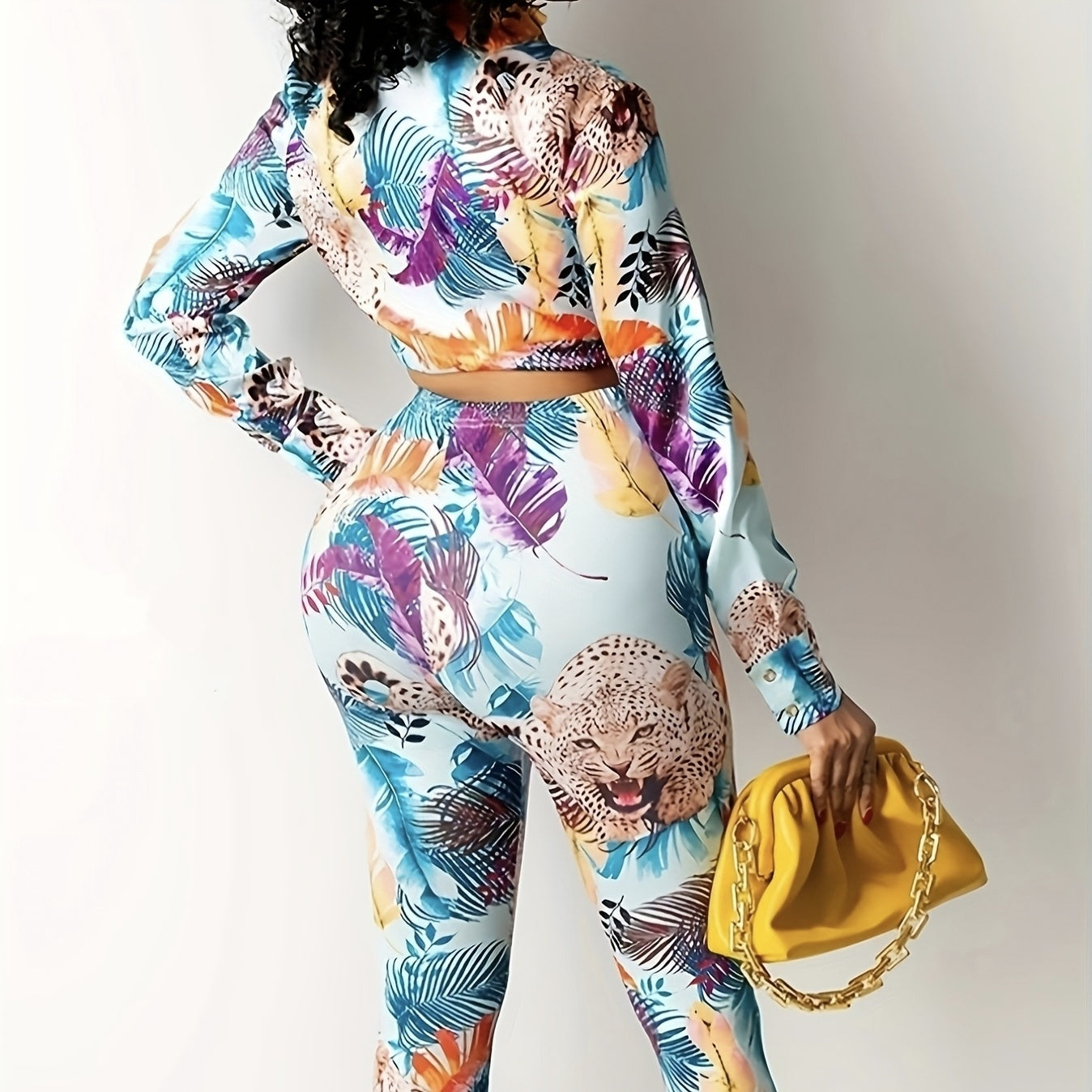 Women's Plant Animal Print Long Sleeved Lace Up Top And Slim Fit Pants Two-piece Pants Set