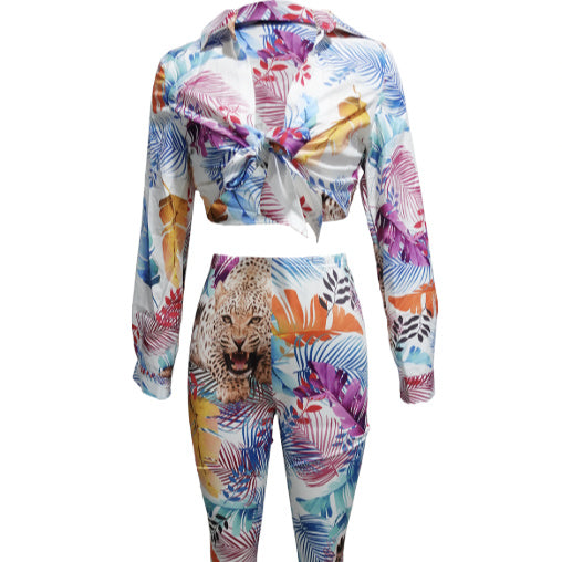 Women's Plant Animal Print Long Sleeved Lace Up Top And Slim Fit Pants Two-piece Pants Set